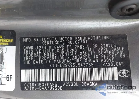 2005 Toyota Camry Xle z USA, uszkodzony, nr VIN 4T1BE32K25U943755